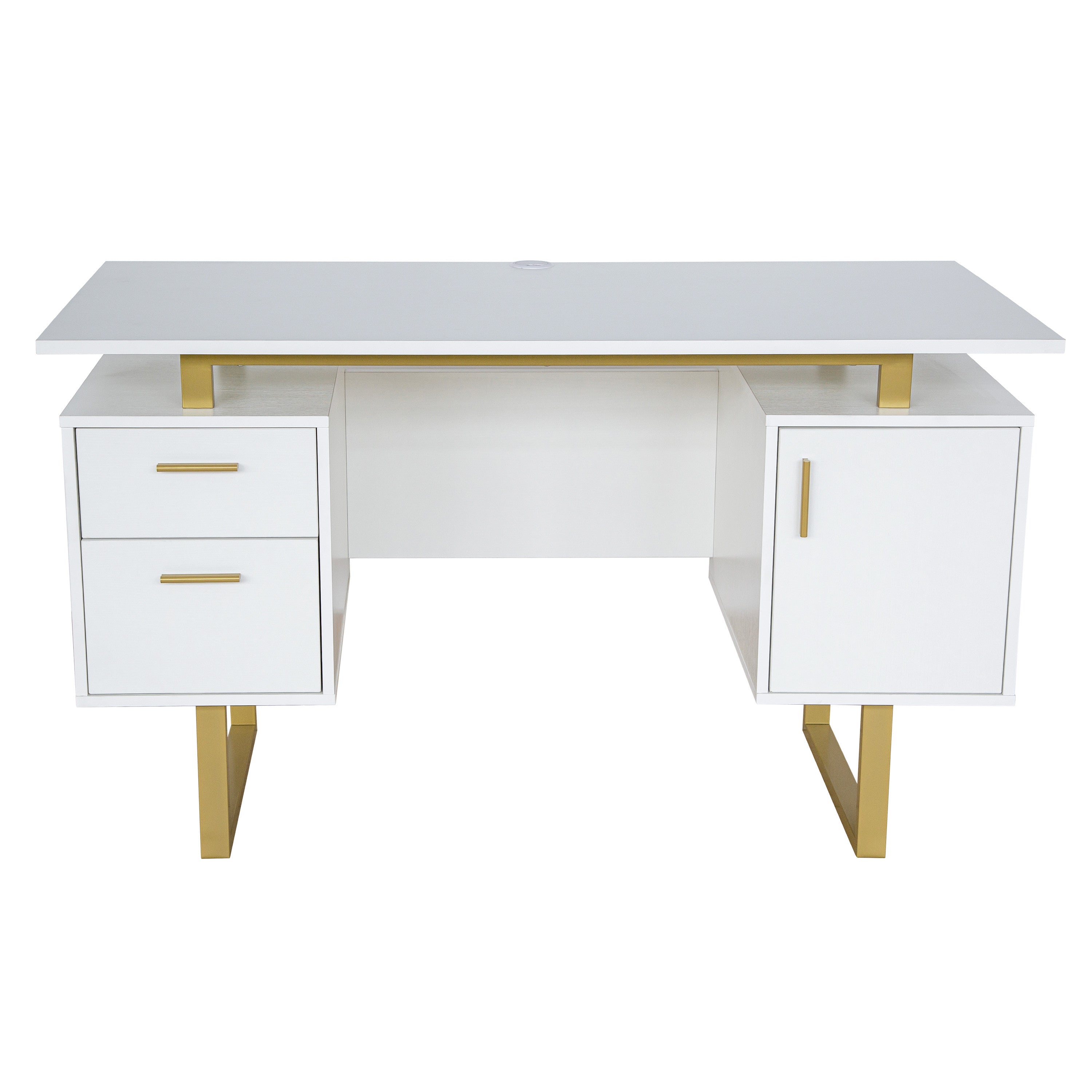 51" White and Gold Wood and Steel Pedestal Executive Desk With Two Drawers
