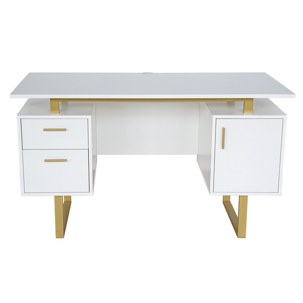 51" Gray and Silver Wood and Steel Pedestal Executive Desk With Two Drawers