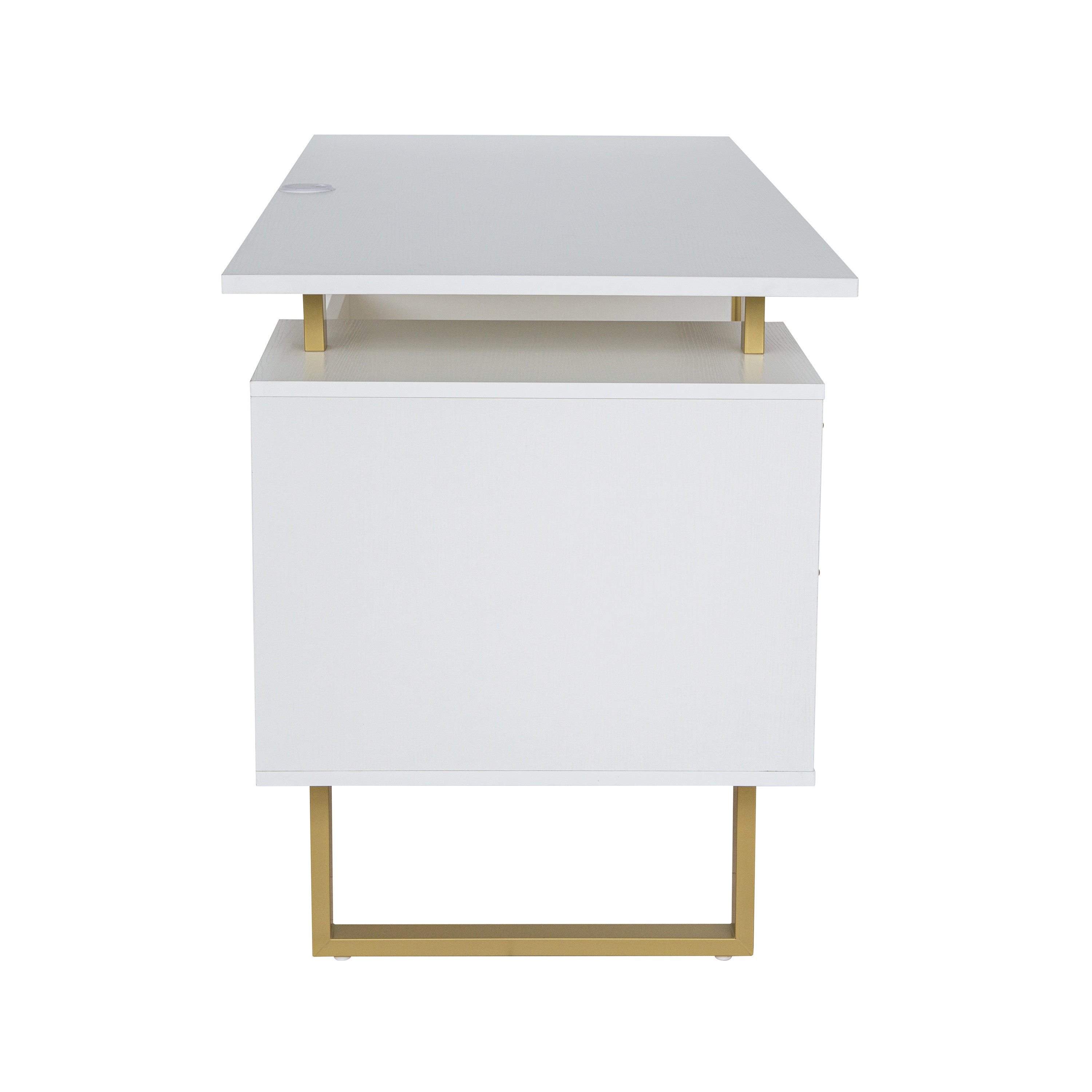 51" White and Gold Wood and Steel Pedestal Executive Desk With Two Drawers