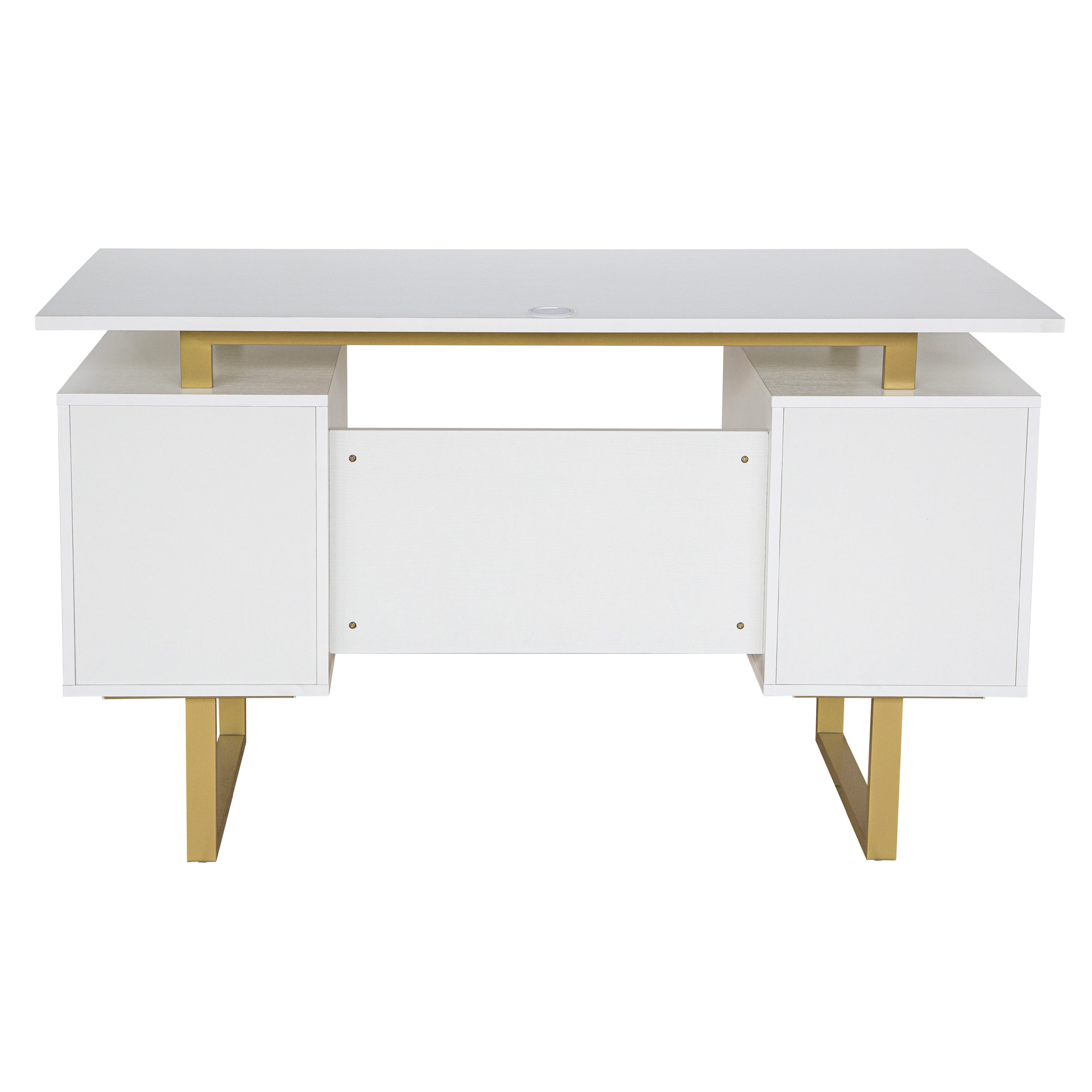 51" White and Gold Wood and Steel Pedestal Executive Desk With Two Drawers