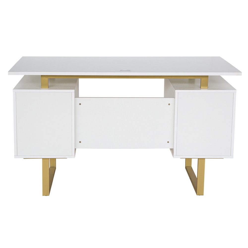51" Gray and Silver Wood and Steel Pedestal Executive Desk With Two Drawers