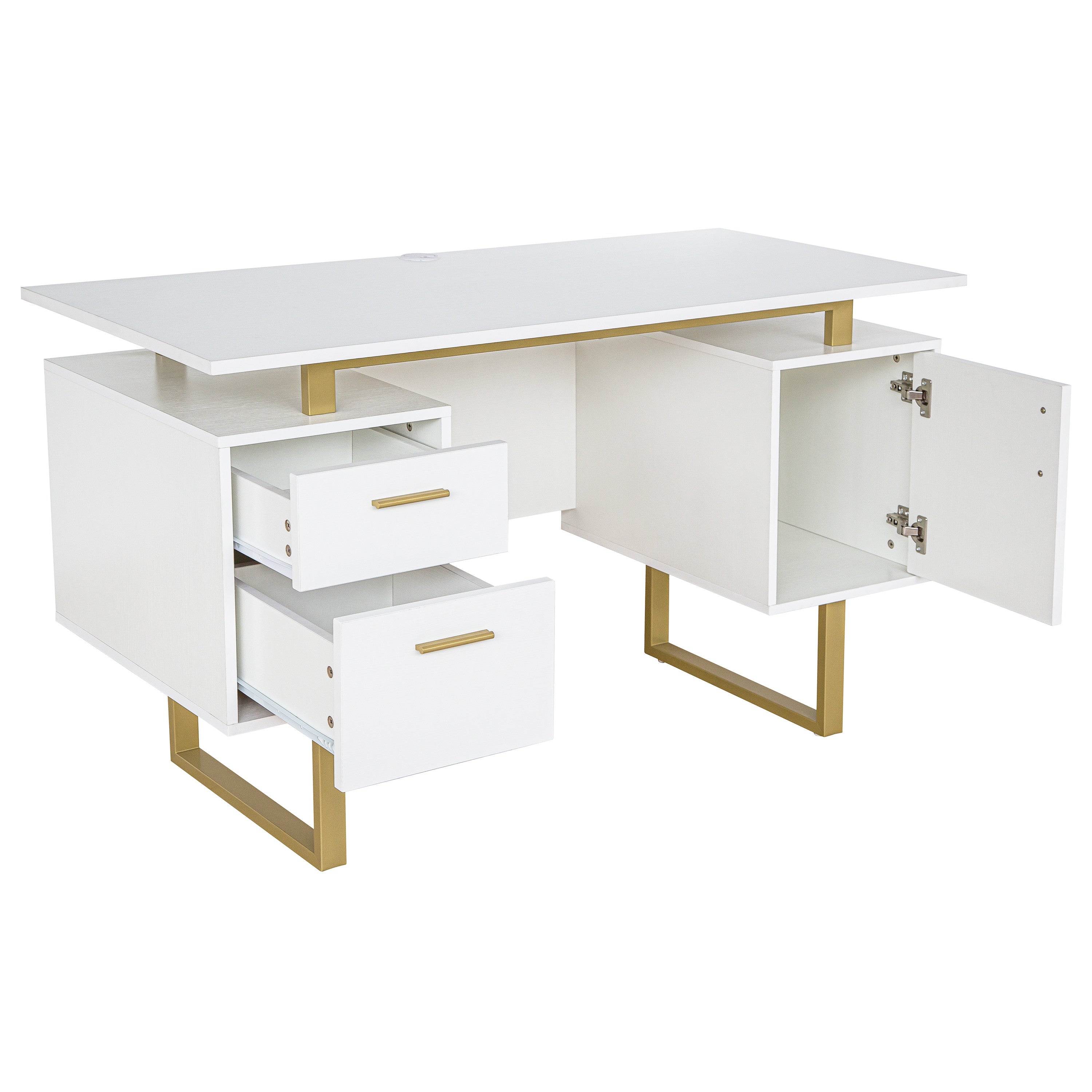 51" White and Gold Wood and Steel Pedestal Executive Desk With Two Drawers