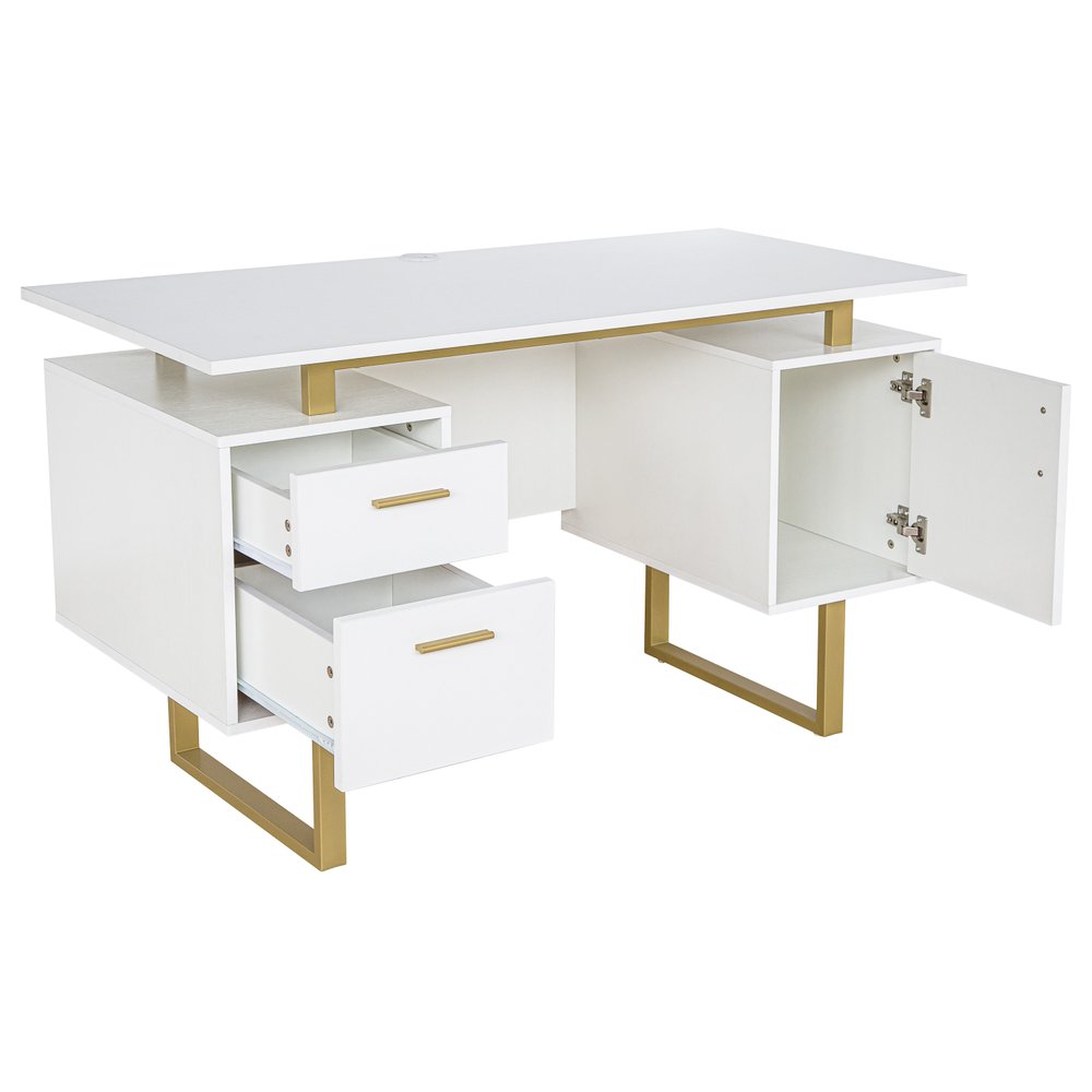 51" Gray and Silver Wood and Steel Pedestal Executive Desk With Two Drawers