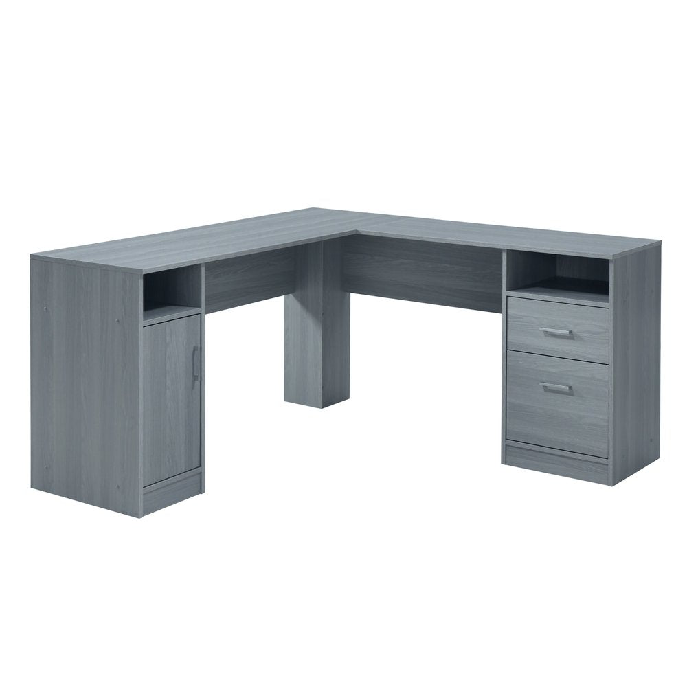 60" Gray Wood L Shape Computer Desk With Two Drawers