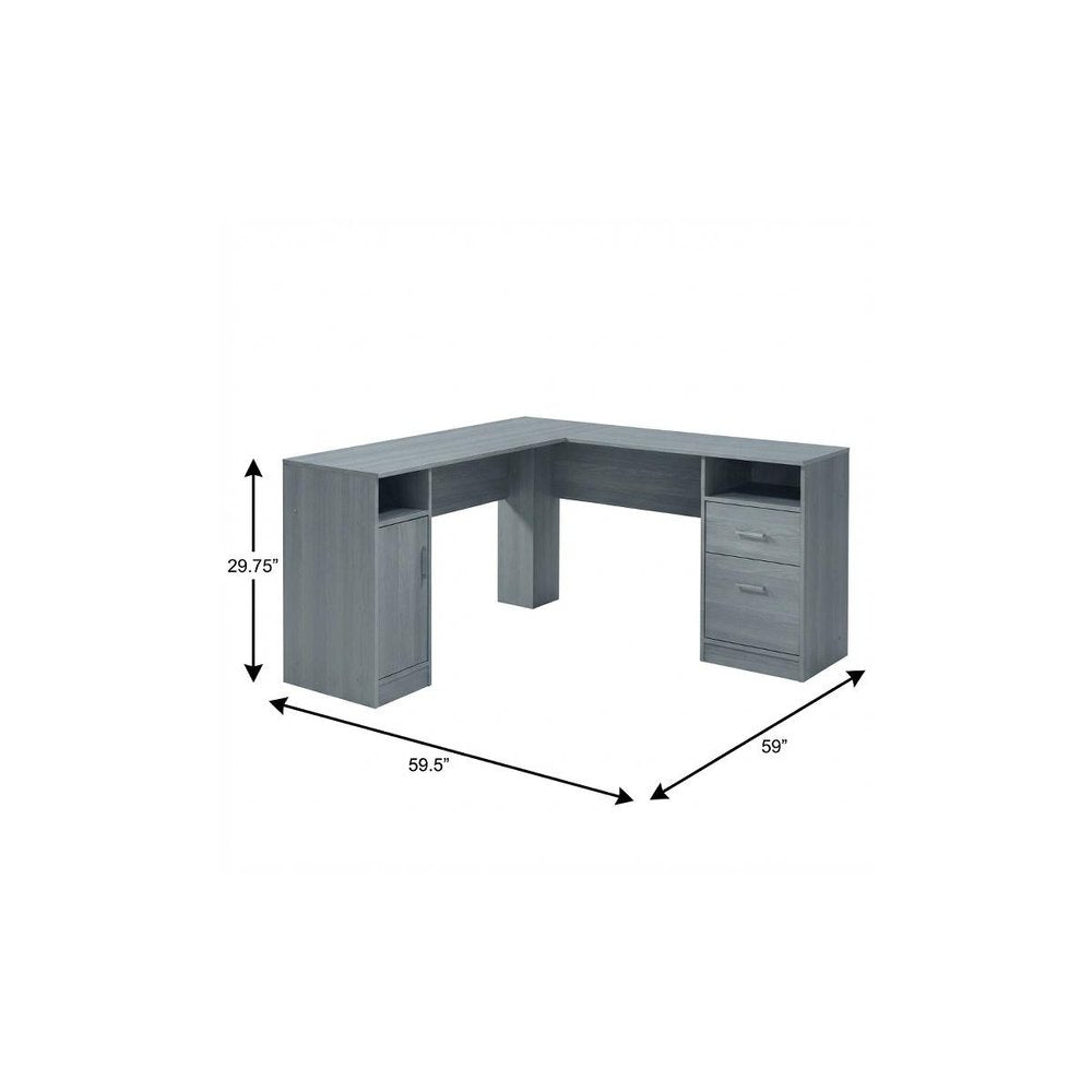 60" Gray Wood L Shape Computer Desk With Two Drawers