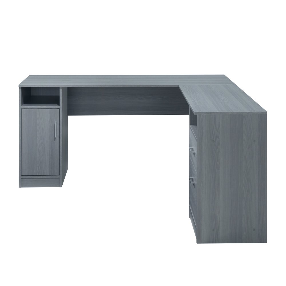 60" Gray Wood L Shape Computer Desk With Two Drawers