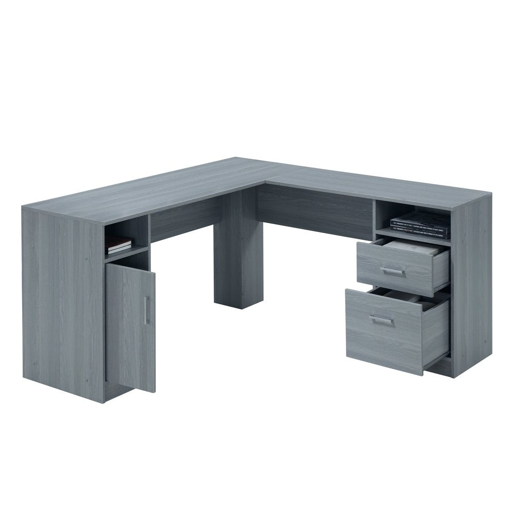 60" Gray Wood L Shape Computer Desk With Two Drawers