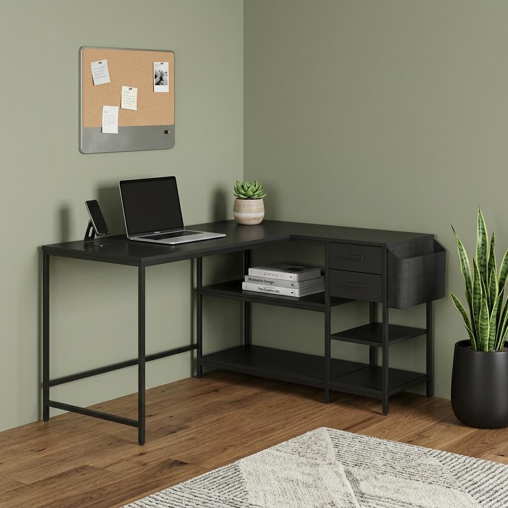 55" Black Wood and Stainless Steel L Shape Computer Desk With Two Drawers