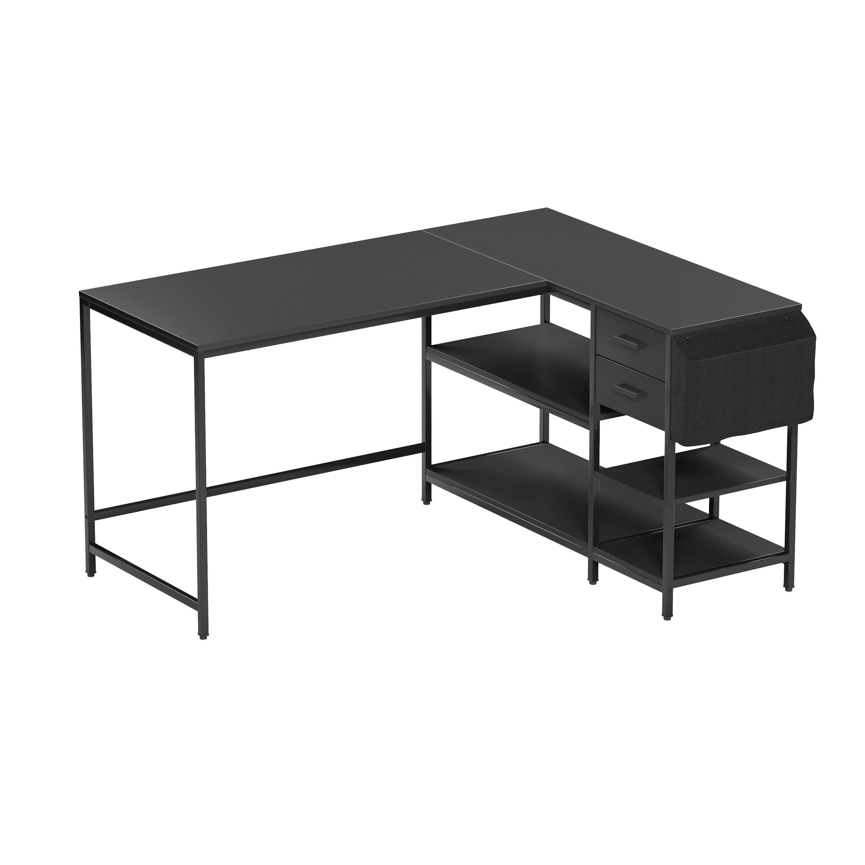 55" Black Wood and Stainless Steel L Shape Computer Desk With Two Drawers