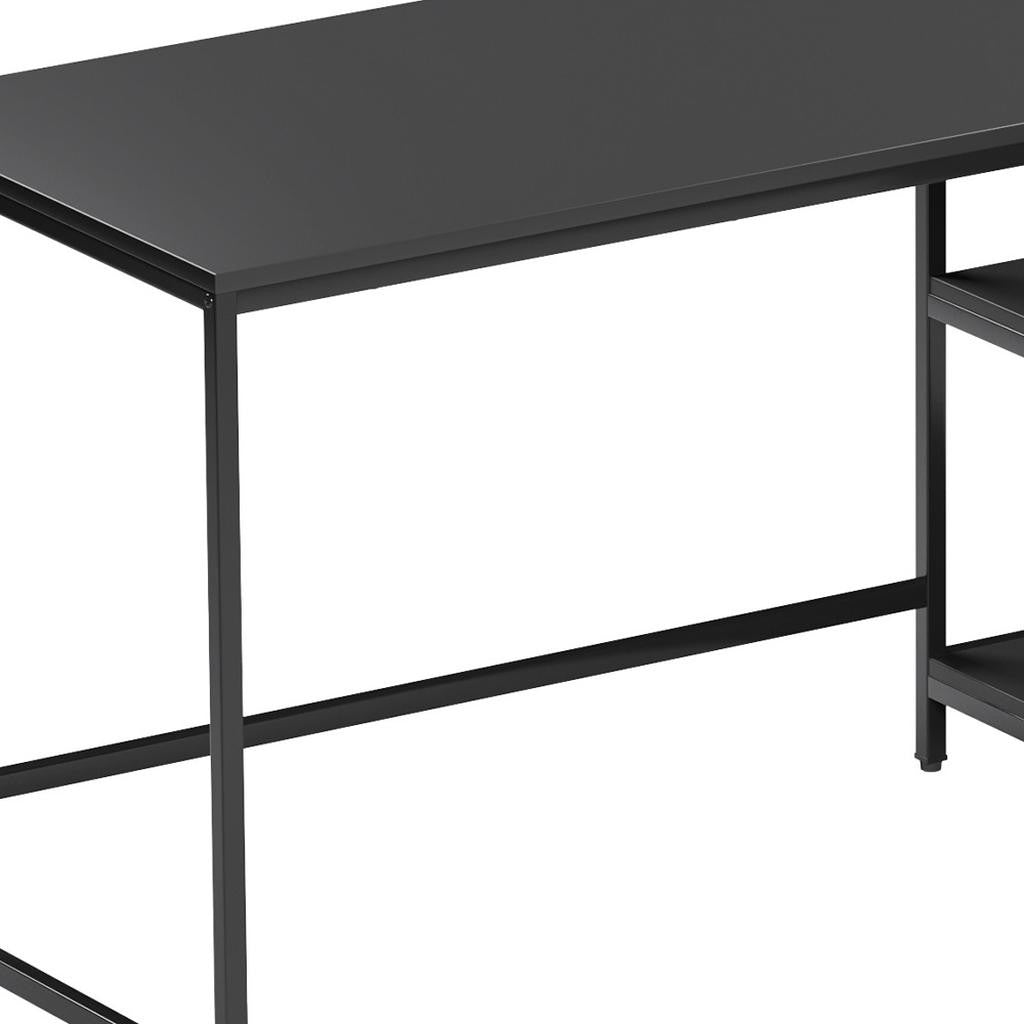 55" Black Wood and Stainless Steel L Shape Computer Desk With Two Drawers