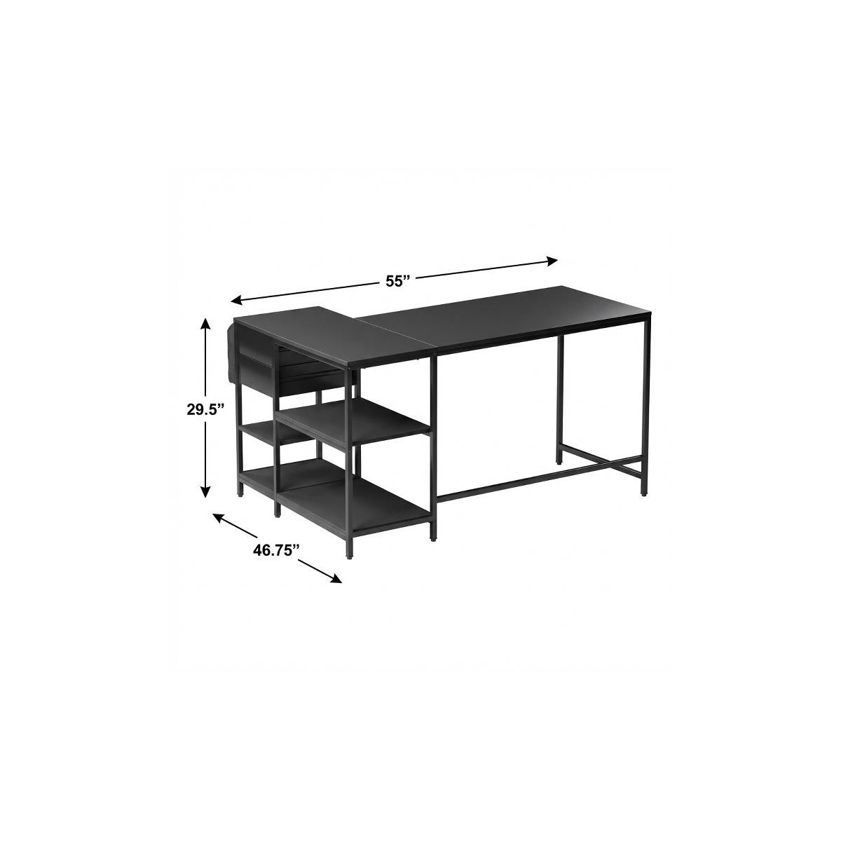 55" Black Wood and Stainless Steel L Shape Computer Desk With Two Drawers
