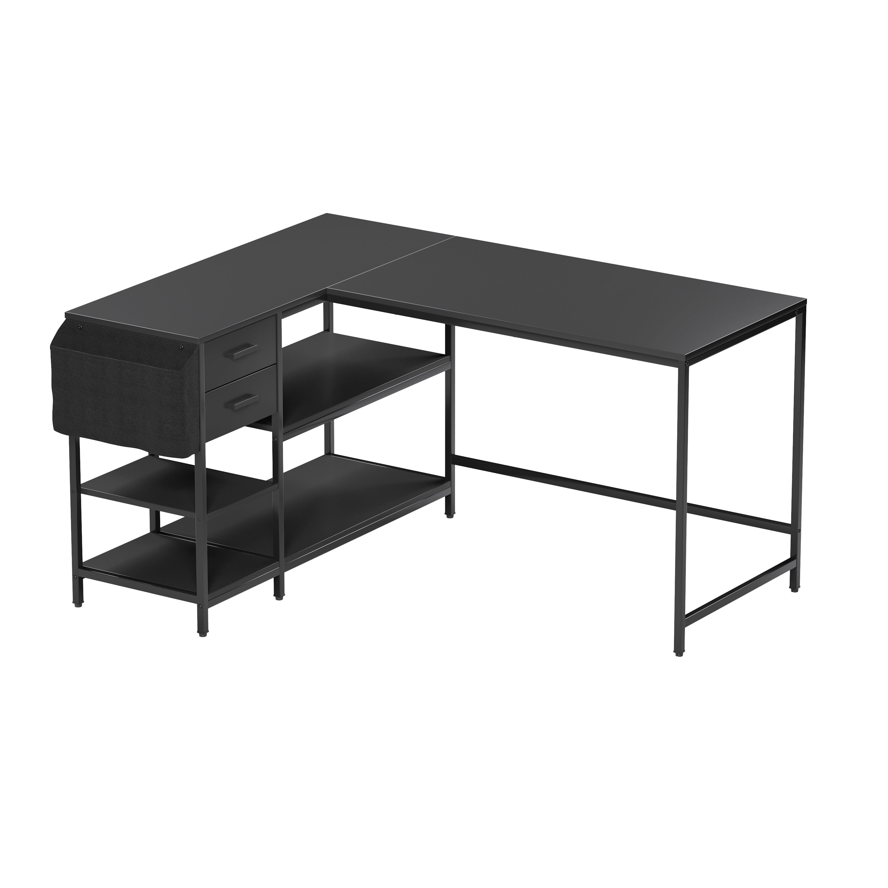55" Black Wood and Stainless Steel L Shape Computer Desk With Two Drawers