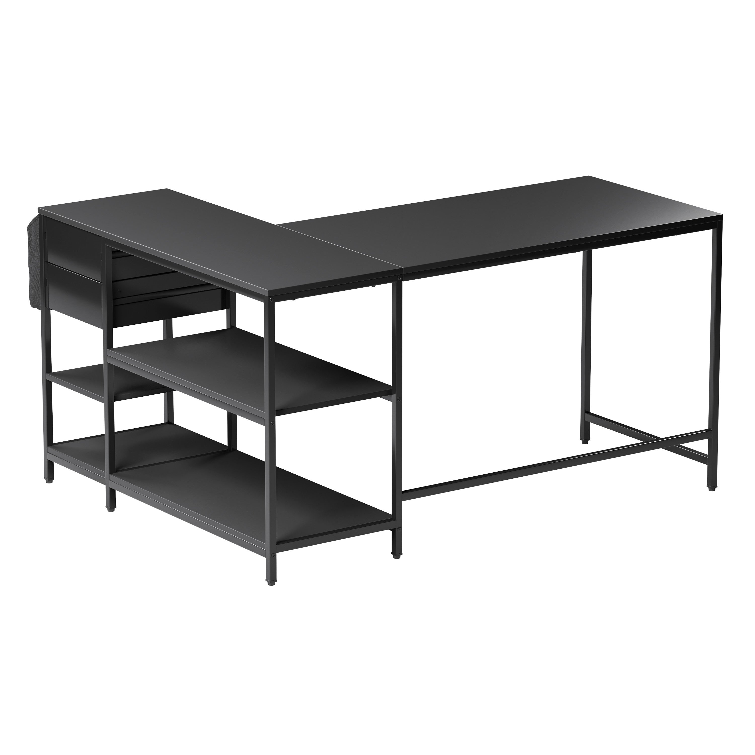55" Black Wood and Stainless Steel L Shape Computer Desk With Two Drawers