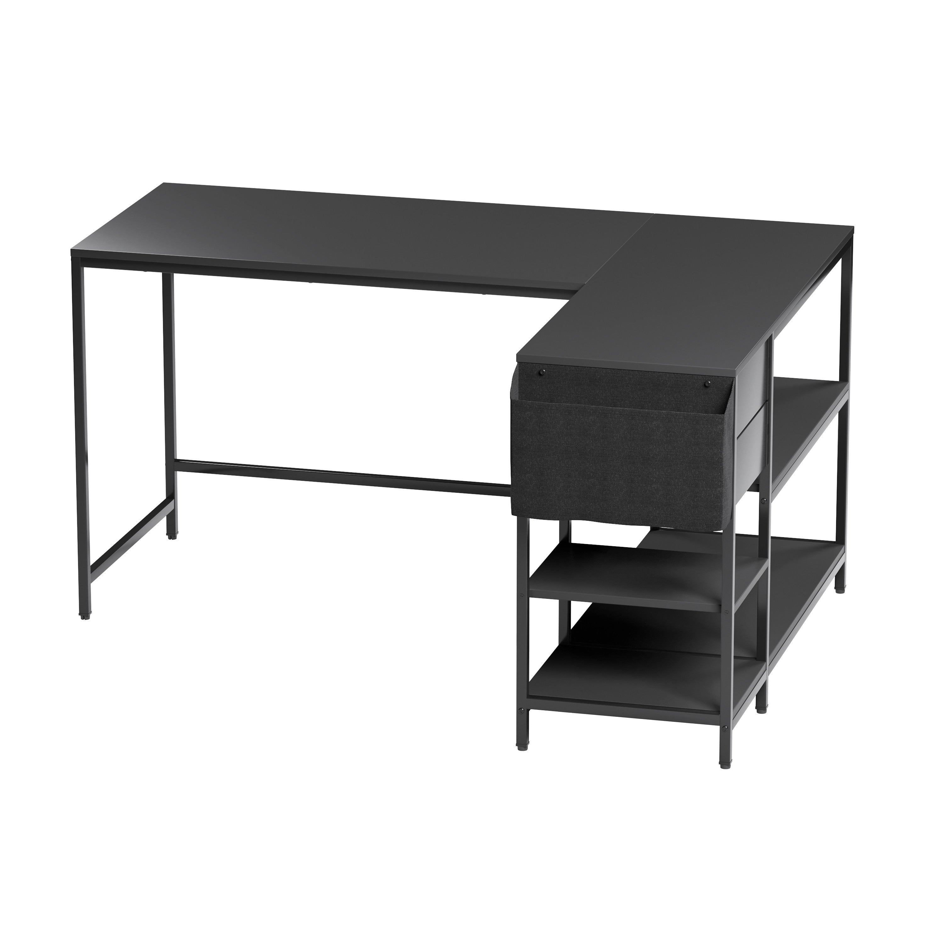 55" Black Wood and Stainless Steel L Shape Computer Desk With Two Drawers