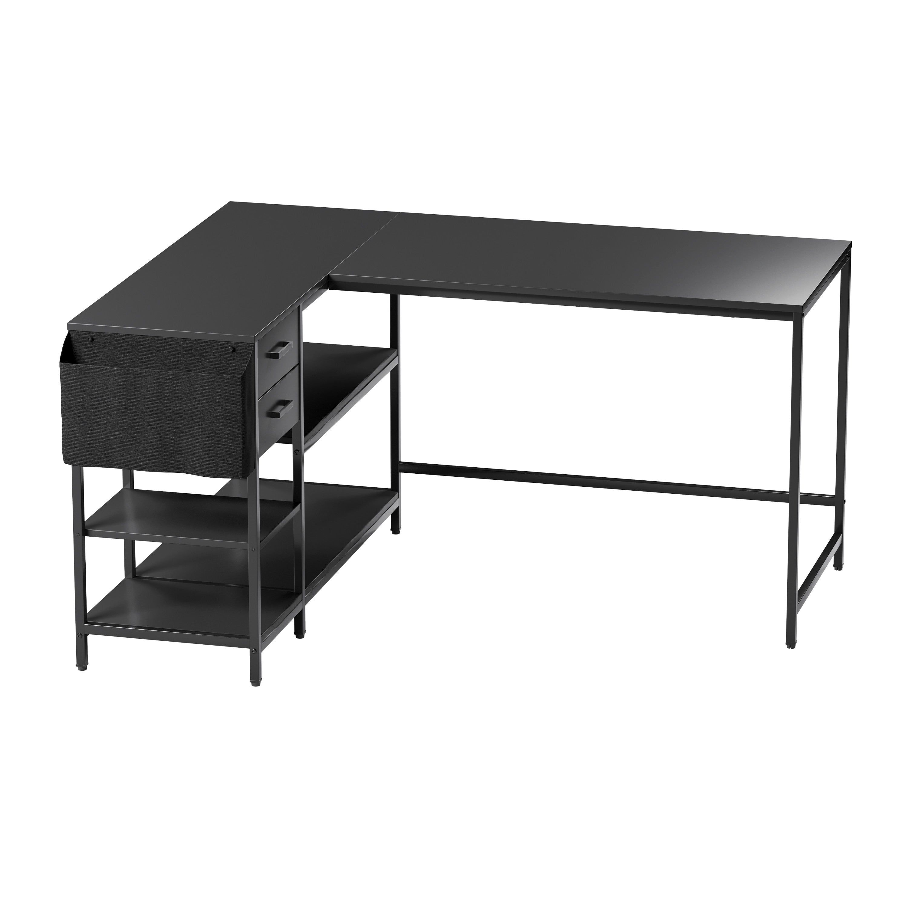 55" Black Wood and Stainless Steel L Shape Computer Desk With Two Drawers