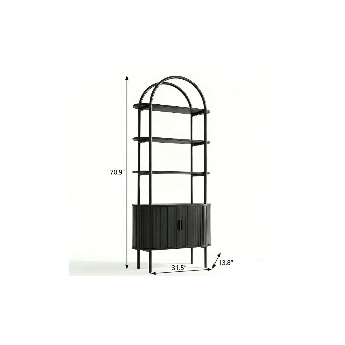 71" Black Wood Four Tier Arched Etagere Bookcase with Two Doors