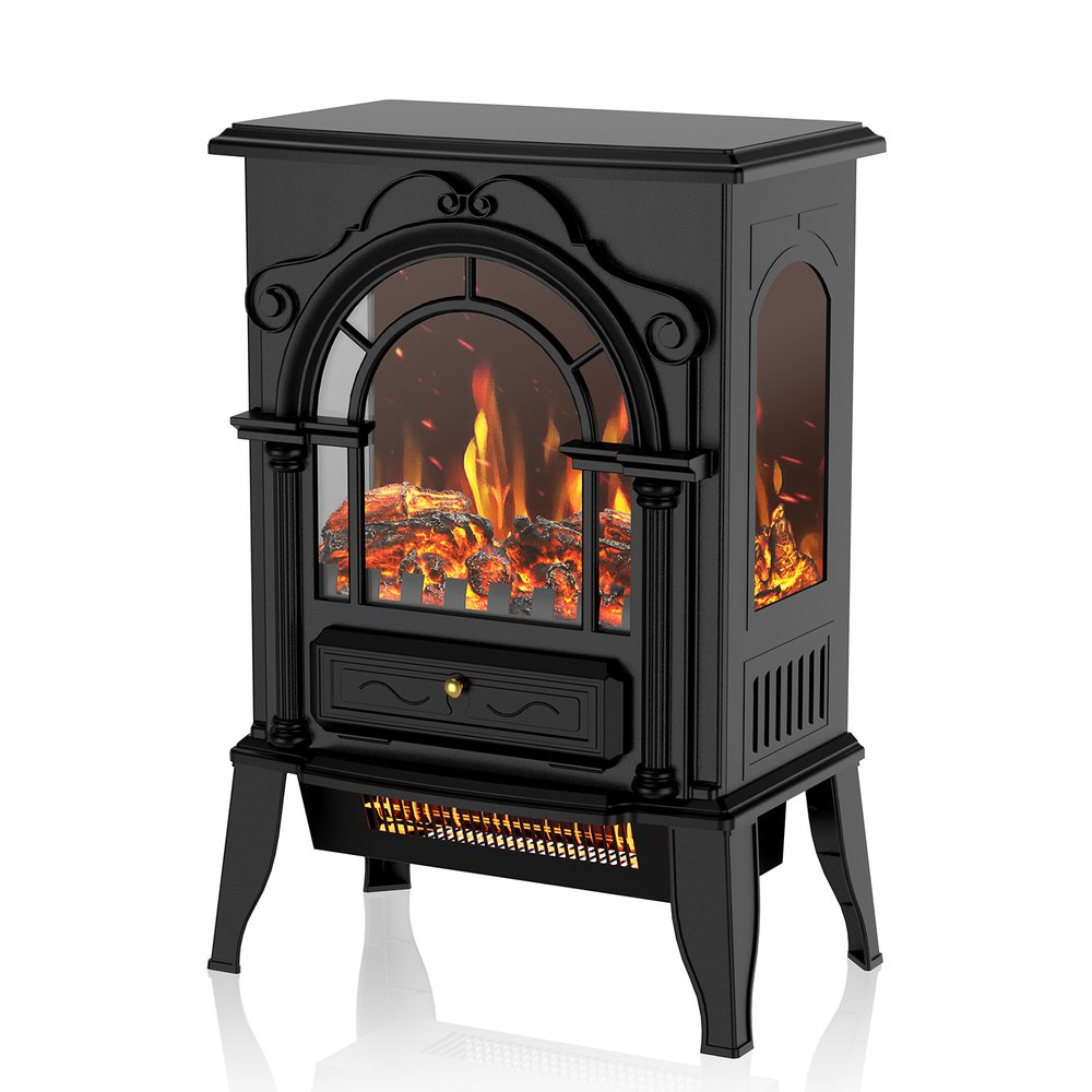 15" Black Ornate Carved Scrollwork Metal And Glass With Storage Electric Fireplace With Mantle