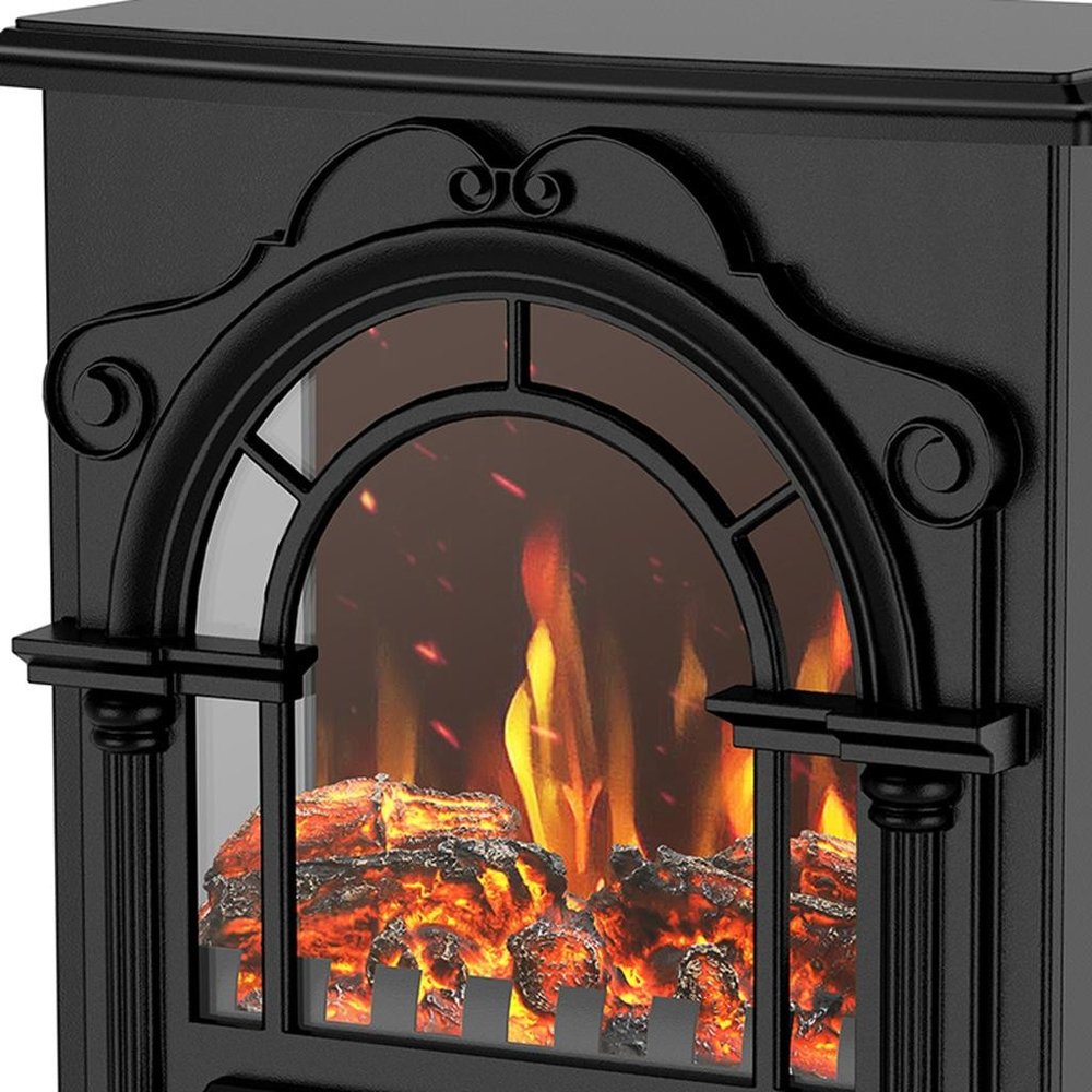 15" Black Ornate Carved Scrollwork Metal And Glass With Storage Electric Fireplace With Mantle