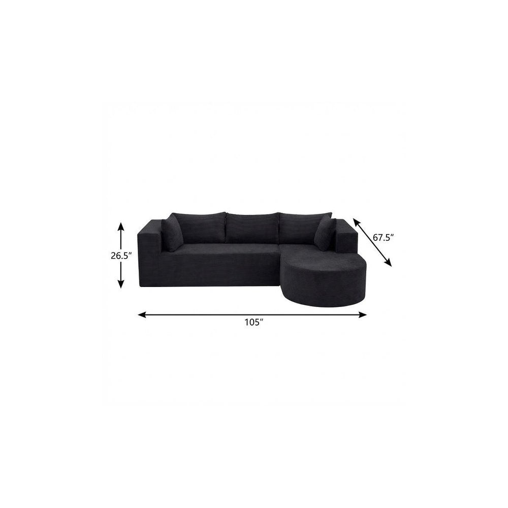 105" Black Corduroy Modular Left Rounded Chaise Style Sofa With Toss Pillows