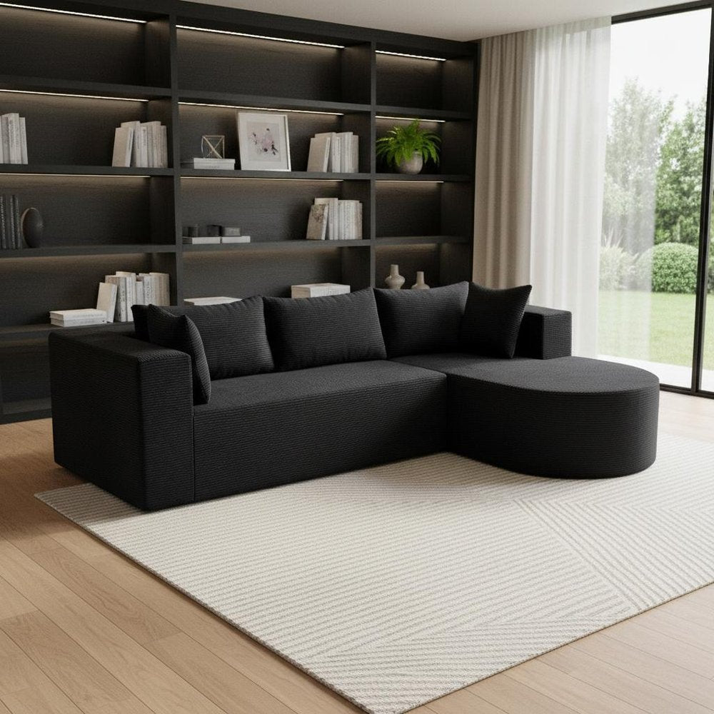 105" Black Corduroy Modular Left Rounded Chaise Style Sofa With Toss Pillows