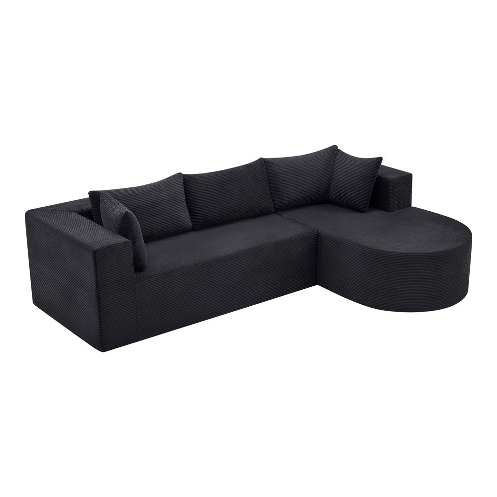 105" Black Corduroy Modular Left Rounded Chaise Style Sofa With Toss Pillows