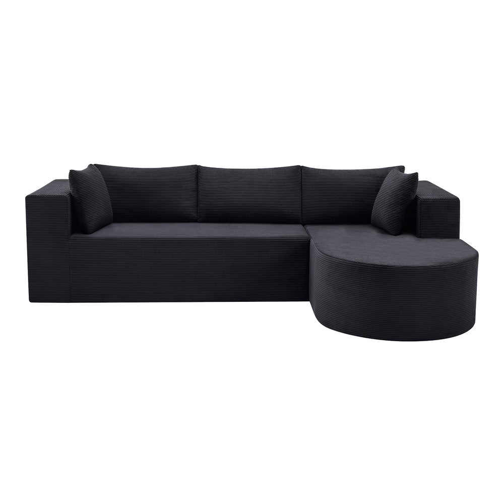 105" Black Corduroy Modular Left Rounded Chaise Style Sofa With Toss Pillows