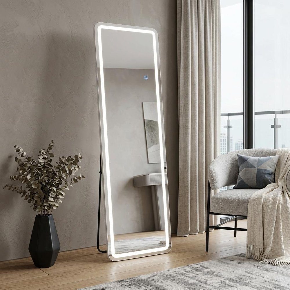 70" Silver Lighted Freestanding And Wall Mounted Framed Full Length Mirror