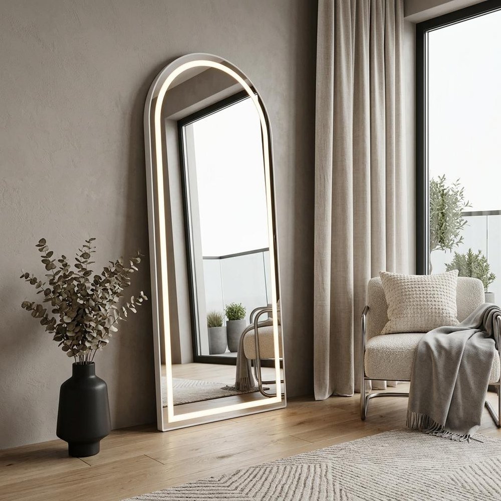 60" Arch Lighted Wall Mounted And Freestanding Frameless Full Length Mirror