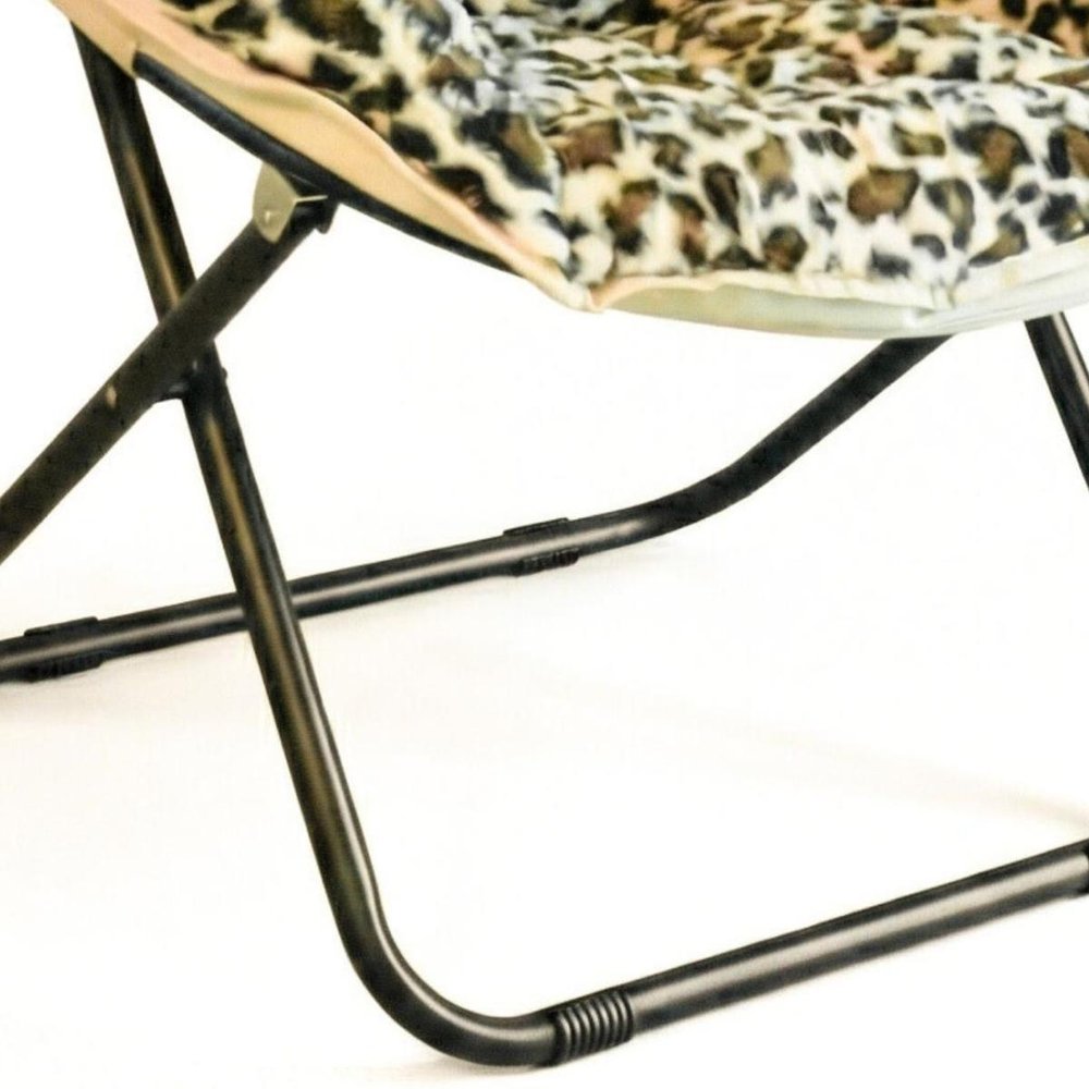 33" Beige Brown And Tufted Faux Fur and Metal Leopard Folding Lounge Chair