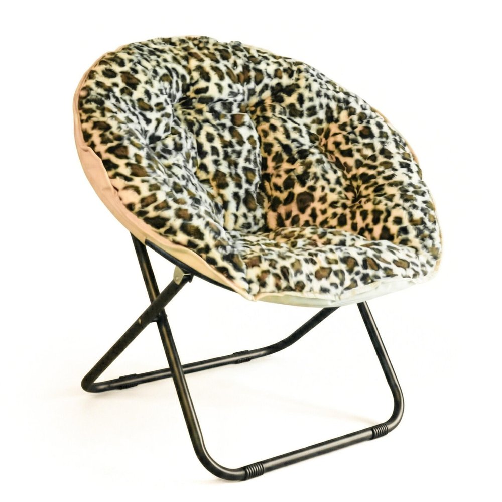 33" Beige Brown And Tufted Faux Fur and Metal Leopard Folding Lounge Chair