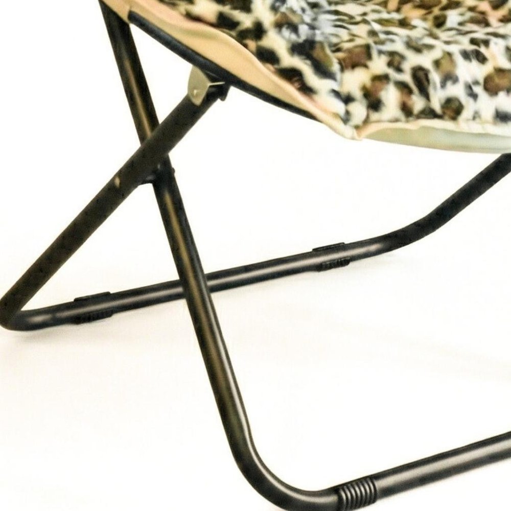 33" Beige Brown And Tufted Faux Fur and Metal Leopard Folding Lounge Chair