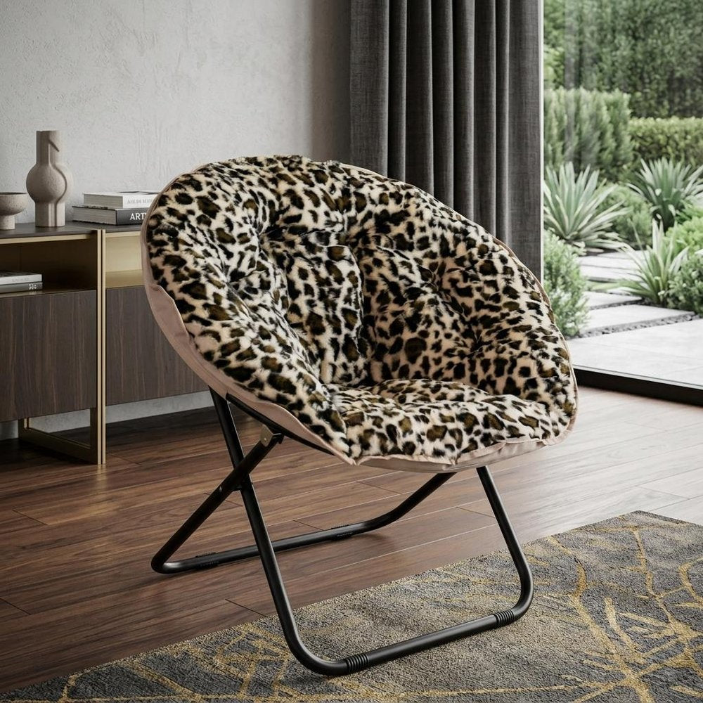 33" Beige Brown And Tufted Faux Fur and Metal Leopard Folding Lounge Chair