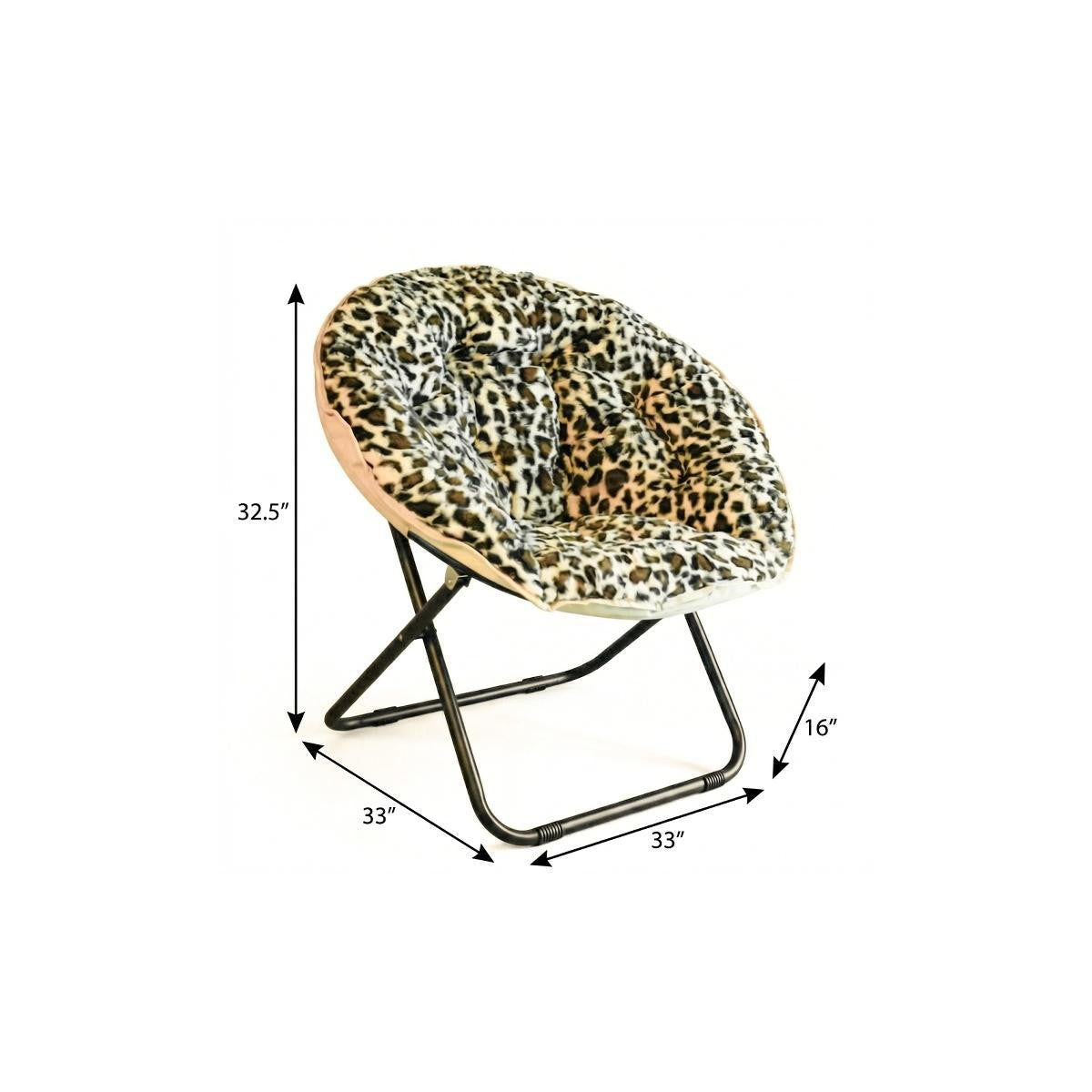 33" Beige Brown And Tufted Faux Fur and Metal Leopard Folding Lounge Chair