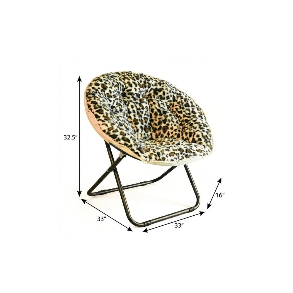 33" Beige Brown And Tufted Faux Fur and Metal Leopard Folding Lounge Chair