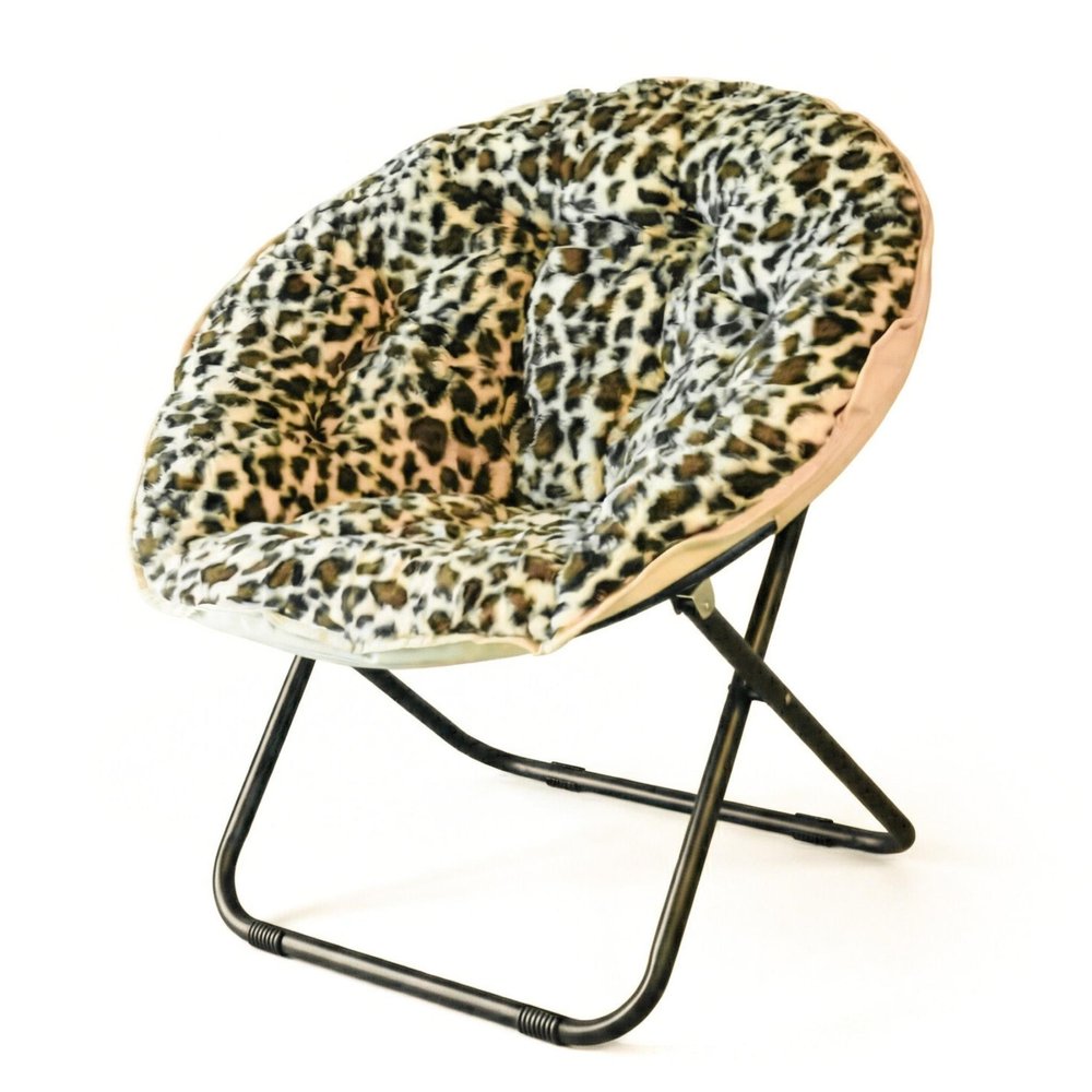 33" Beige Brown And Tufted Faux Fur and Metal Leopard Folding Lounge Chair