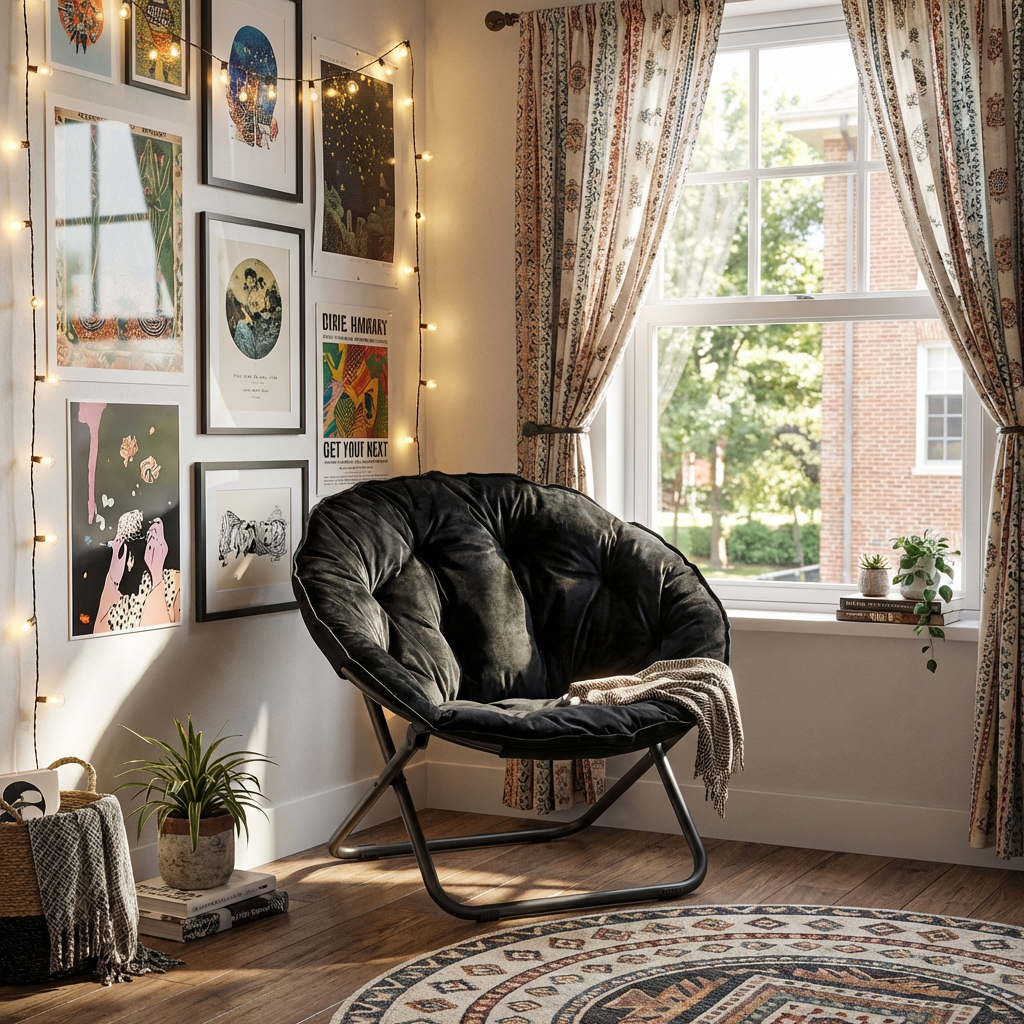 33" Black Tufted Faux Fur and Metal Folding Lounge Chair