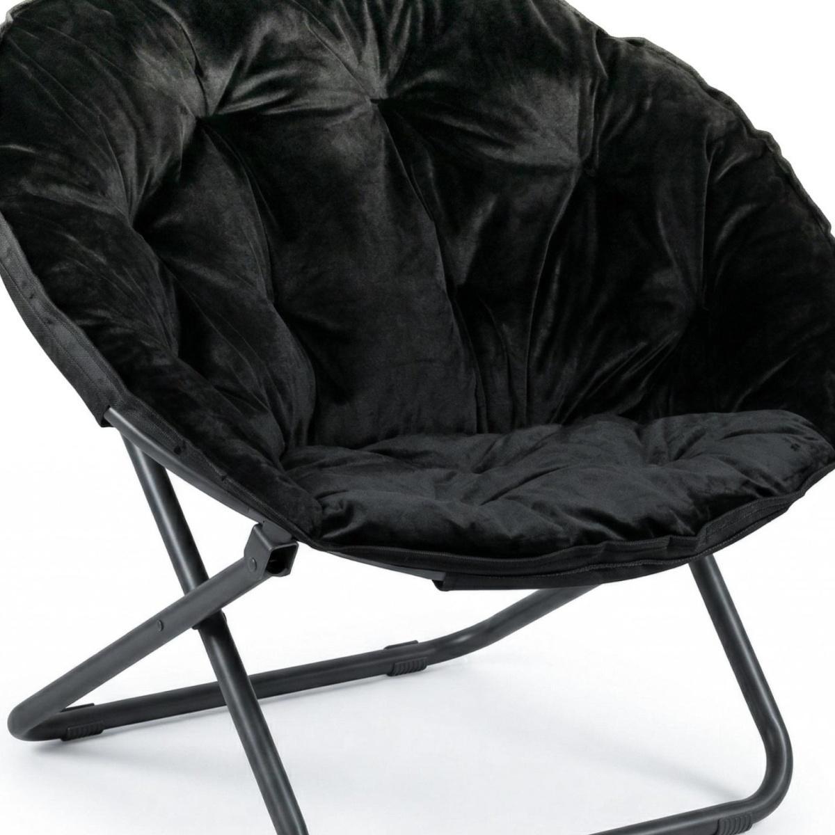 33" Black Tufted Faux Fur and Metal Folding Lounge Chair