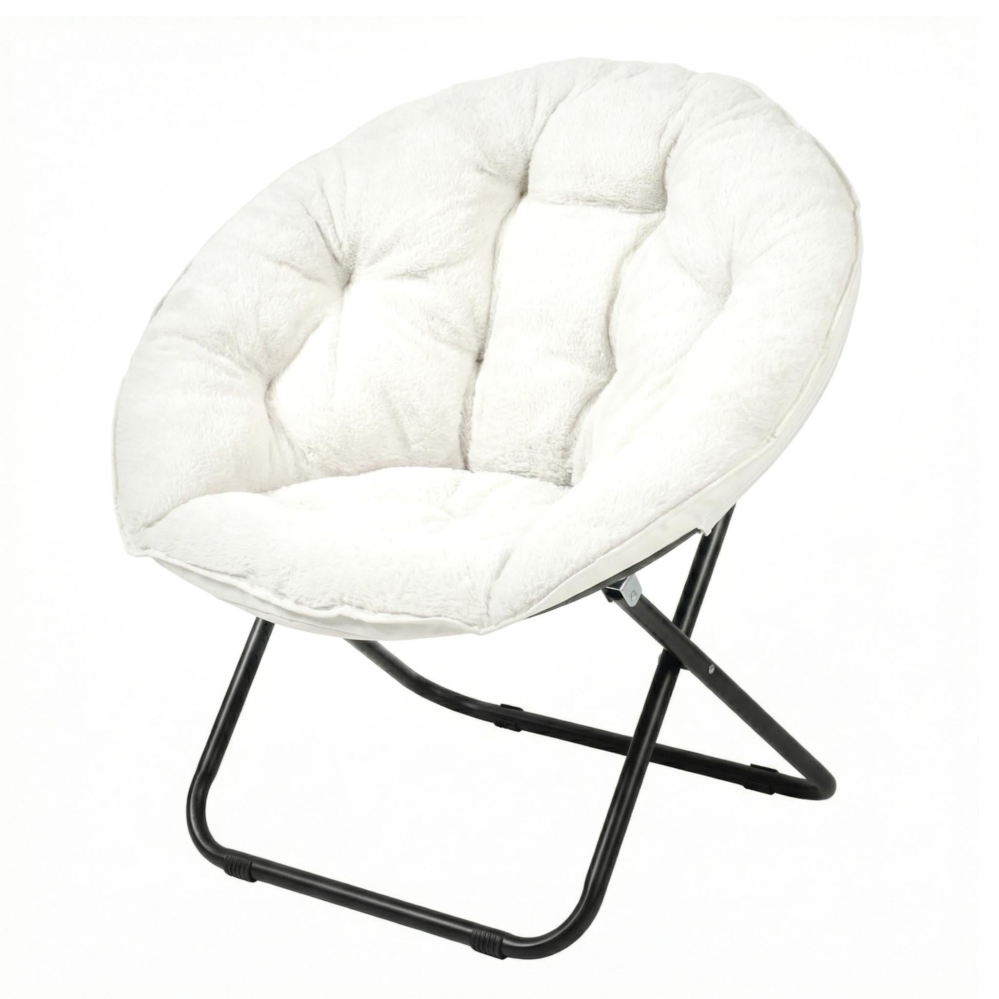 33" White Tufted Faux Fur and Metal Folding Lounge Chair