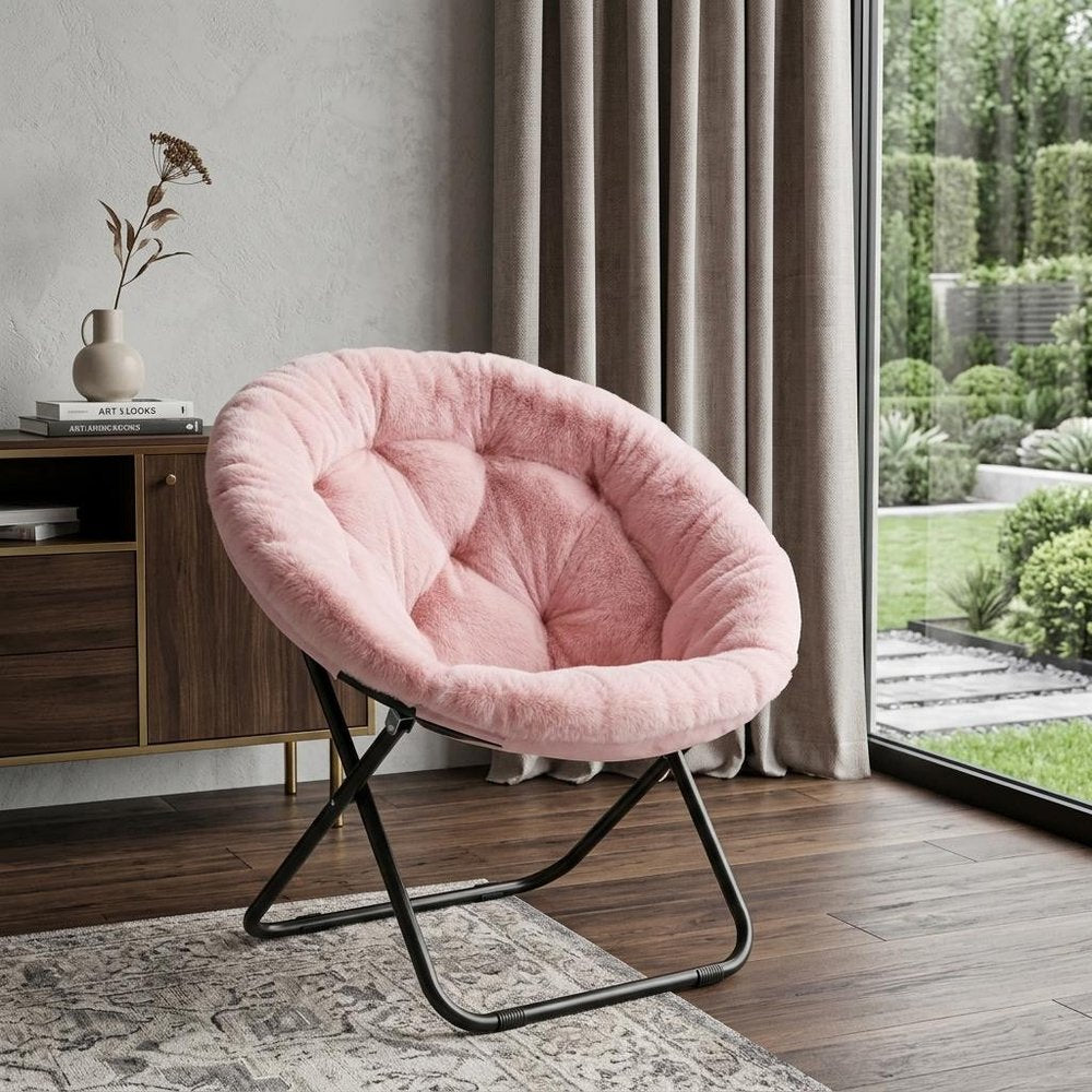 33" Pink Tufted Faux Fur and Metal Folding Lounge Chair