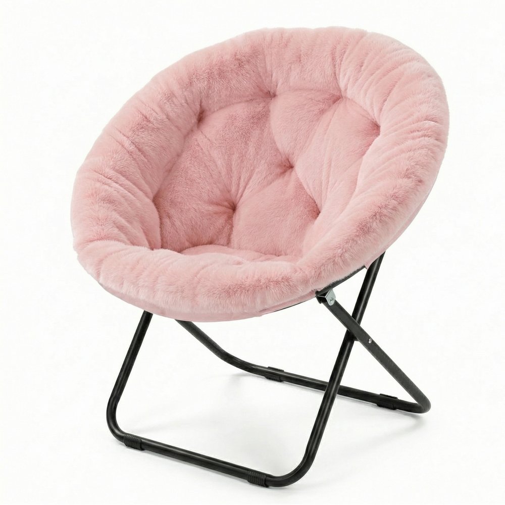 33" Pink Tufted Faux Fur and Metal Folding Lounge Chair