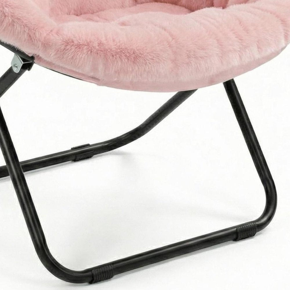 33" Pink Tufted Faux Fur and Metal Folding Lounge Chair