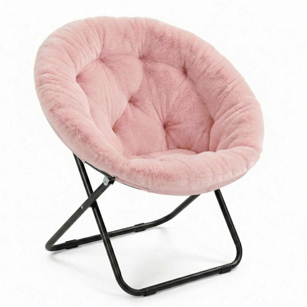 33" Pink Tufted Faux Fur and Metal Folding Lounge Chair