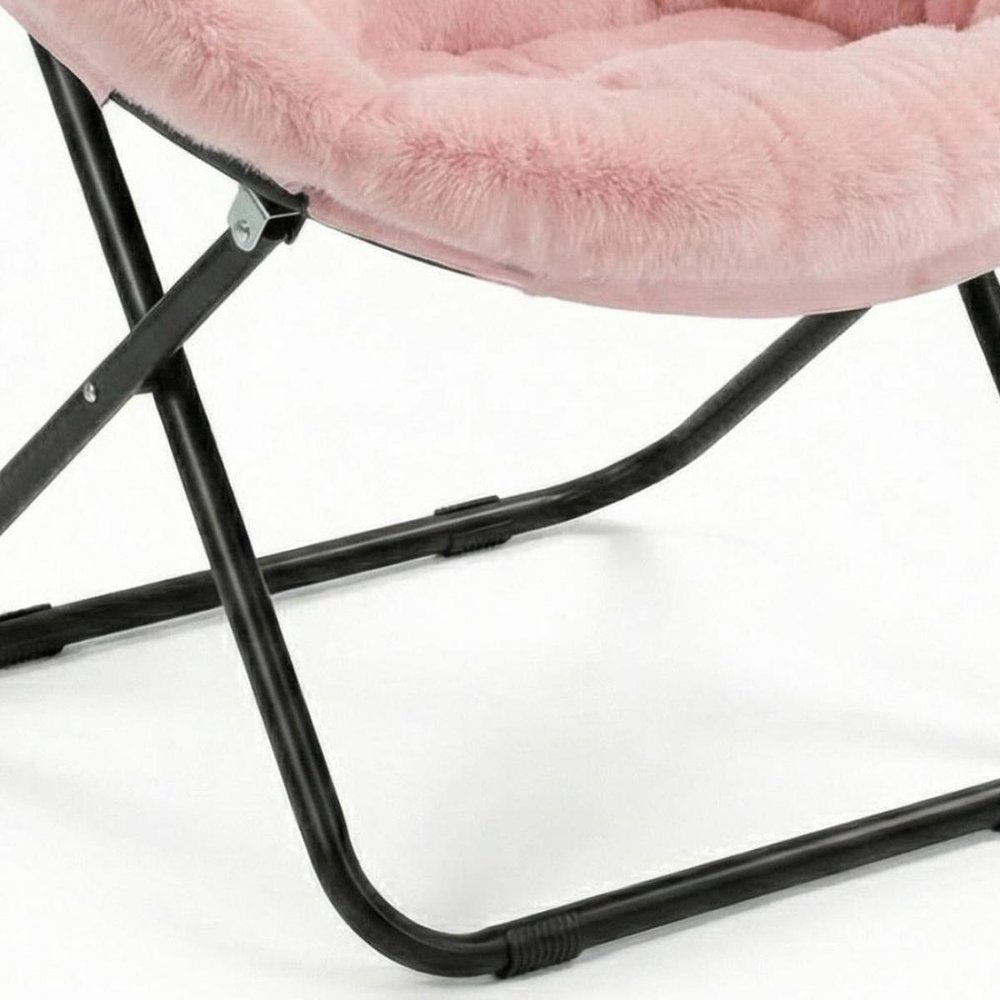 33" Pink Tufted Faux Fur and Metal Folding Lounge Chair