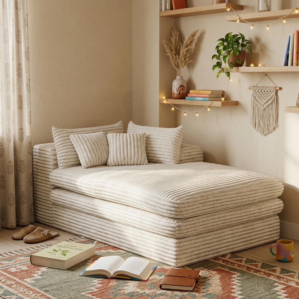 67" White Corduroy Right Hand Facing Chaise Lounge Chair