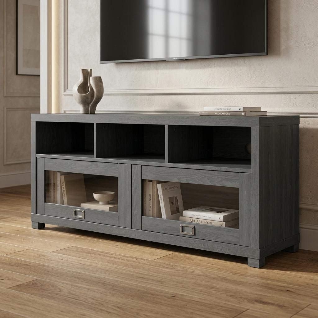 57" Gray Wood Enclosed and Open Storage TV Stand