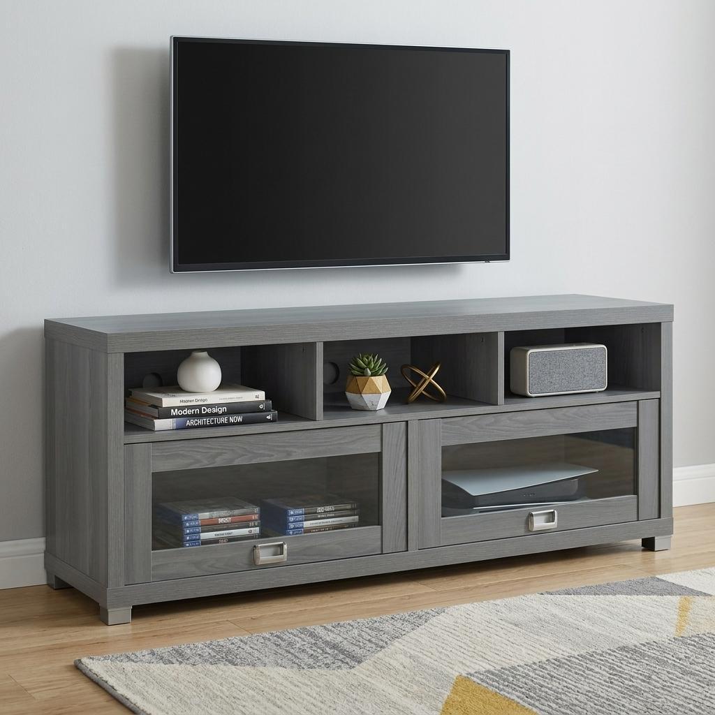 57" Gray Wood Enclosed and Open Storage TV Stand