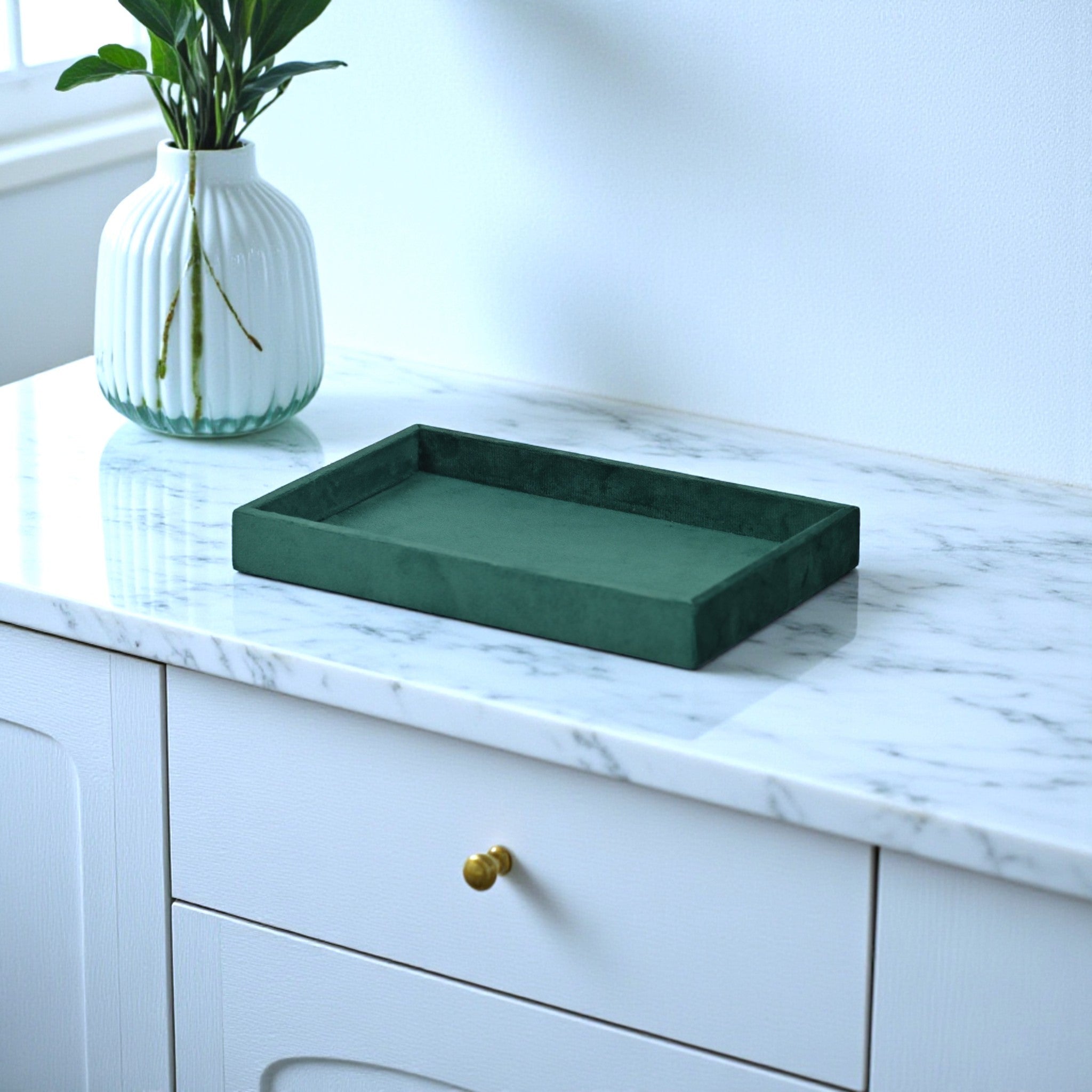 9" Green Wood And Velvet Handmade Trinket Tray