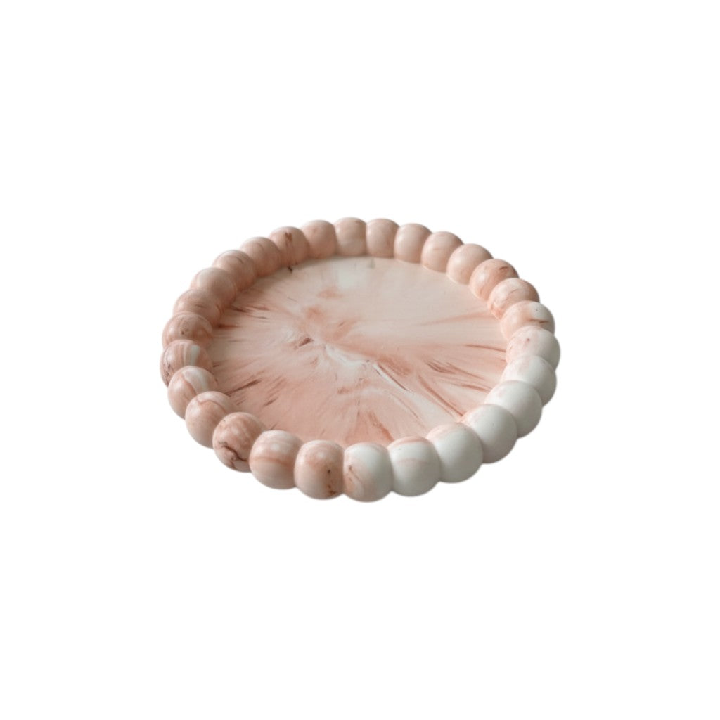 6" Pink And White Resin Marbleized Handmade Round Trinket Tray