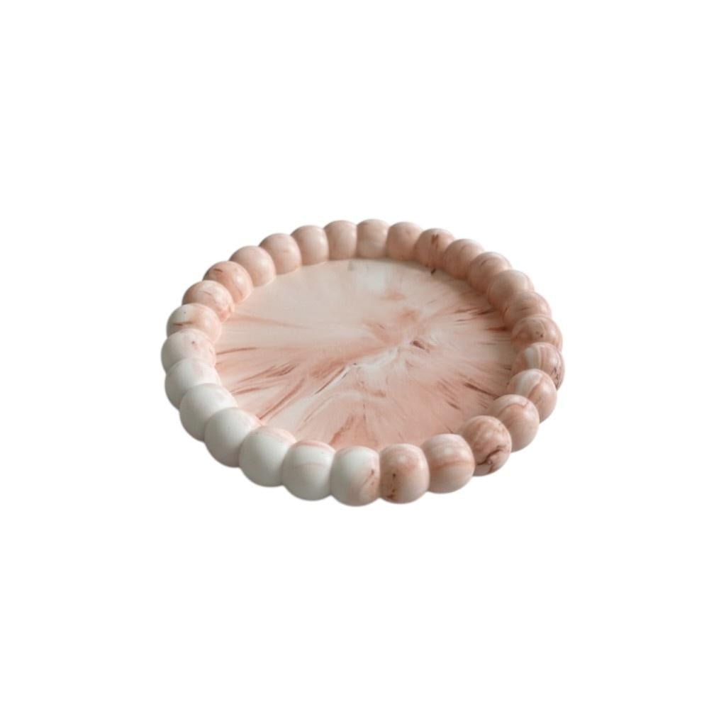 6" Pink And White Resin Marbleized Handmade Round Trinket Tray