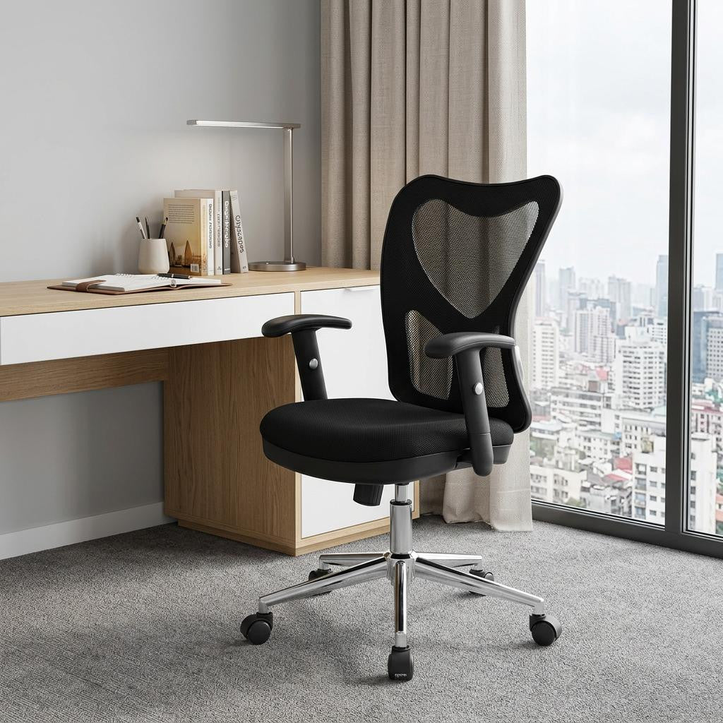 Black And Silver Adjustable Height Swivel Rolling Office Chair